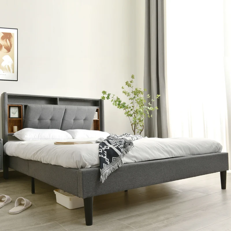 Lit double 140x200 cm gris avec tête de lit rangement, USB, LED, sommier bois massif – Style moderne MINIMALIST BOOKCASE AR