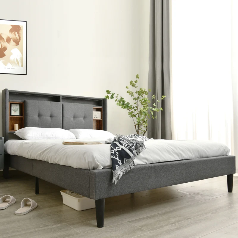 Lit double 140x200 cm gris avec tête de lit rangement, USB, LED, sommier bois massif – Style moderne MINIMALIST BOOKCASE AR