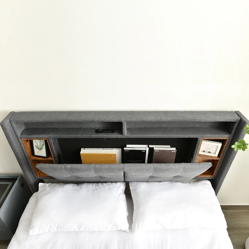 Lit double 140x200 cm gris avec tête de lit rangement, USB, LED, sommier bois massif – Style moderne MINIMALIST BOOKCASE AR