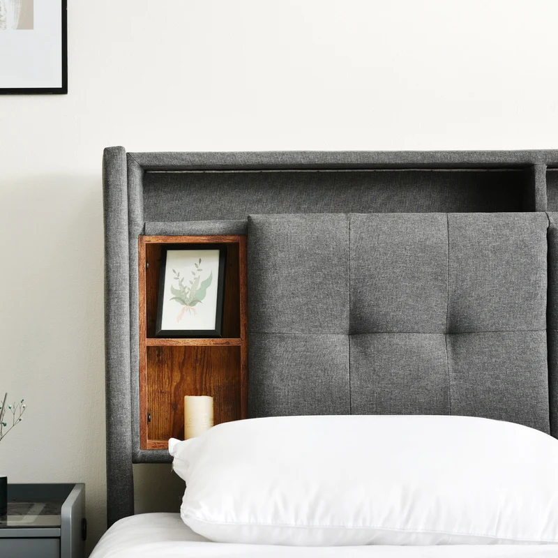 Lit double 140x200 cm gris avec tête de lit rangement, USB, LED, sommier bois massif – Style moderne MINIMALIST BOOKCASE AR