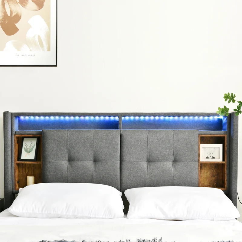 Lit double 140x200 cm gris avec tête de lit rangement, USB, LED, sommier bois massif – Style moderne MINIMALIST BOOKCASE AR