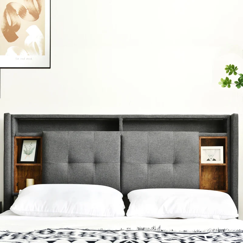 Lit double 140x200 cm gris avec tête de lit rangement, USB, LED, sommier bois massif – Style moderne MINIMALIST BOOKCASE AR