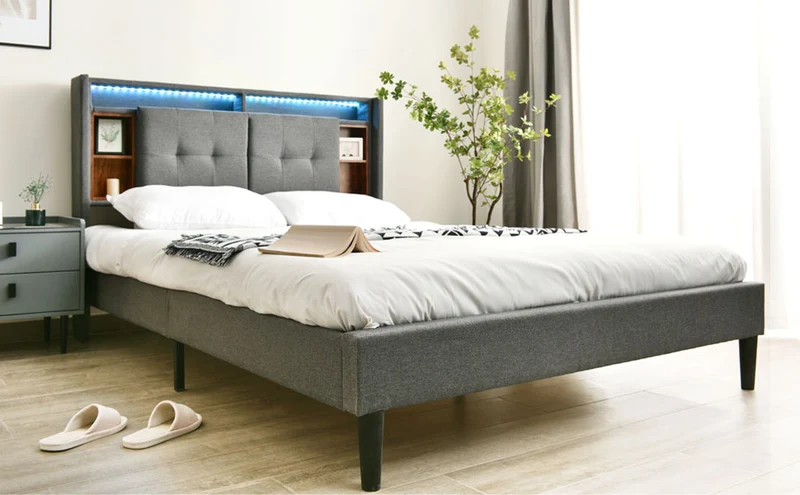 Lit double 140x200 cm gris avec tête de lit rangement, USB, LED, sommier bois massif – Style moderne MINIMALIST BOOKCASE AR