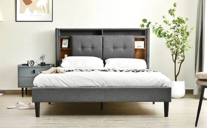 Lit double 140x200 cm gris avec tête de lit rangement, USB, LED, sommier bois massif – Style moderne MINIMALIST BOOKCASE AR