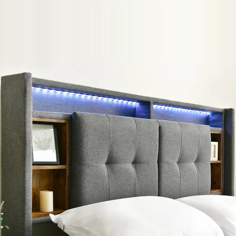 Lit double 140x200 cm gris avec tête de lit rangement, USB, LED, sommier bois massif – Style moderne MINIMALIST BOOKCASE AR