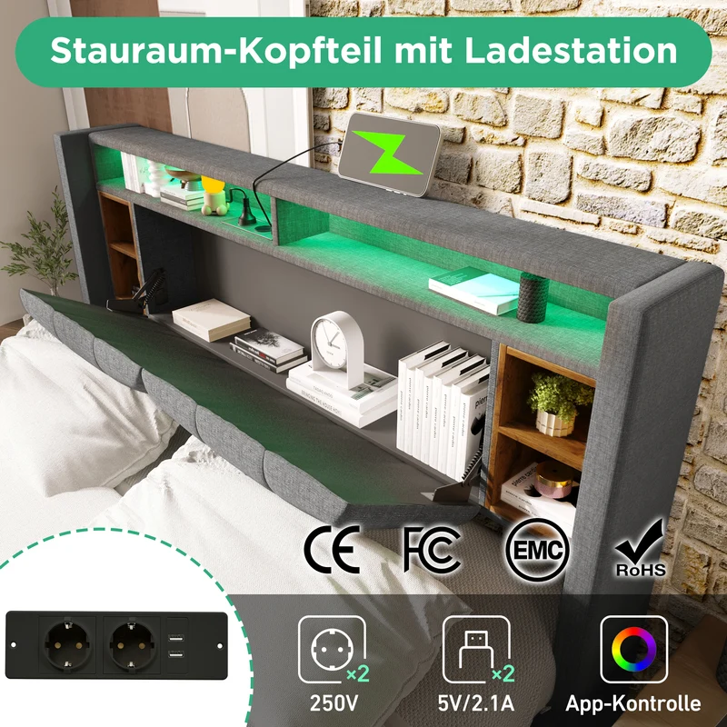 Lit double 140x200 cm gris avec tête de lit rangement, USB, LED, sommier bois massif – Style moderne MINIMALIST BOOKCASE AR
