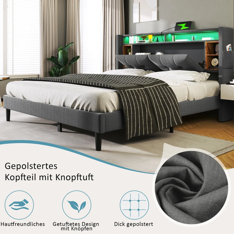 Lit double 140x200 cm gris avec tête de lit rangement, USB, LED, sommier bois massif – Style moderne MINIMALIST BOOKCASE AR