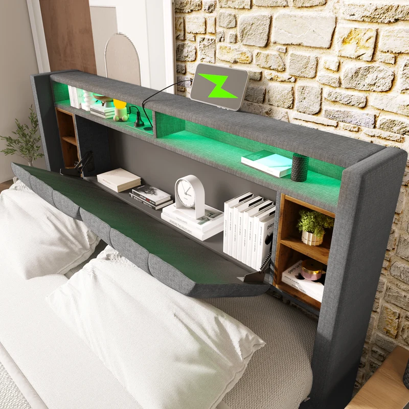 Lit double 140x200 cm gris avec tête de lit rangement, USB, LED, sommier bois massif – Style moderne MINIMALIST BOOKCASE AR