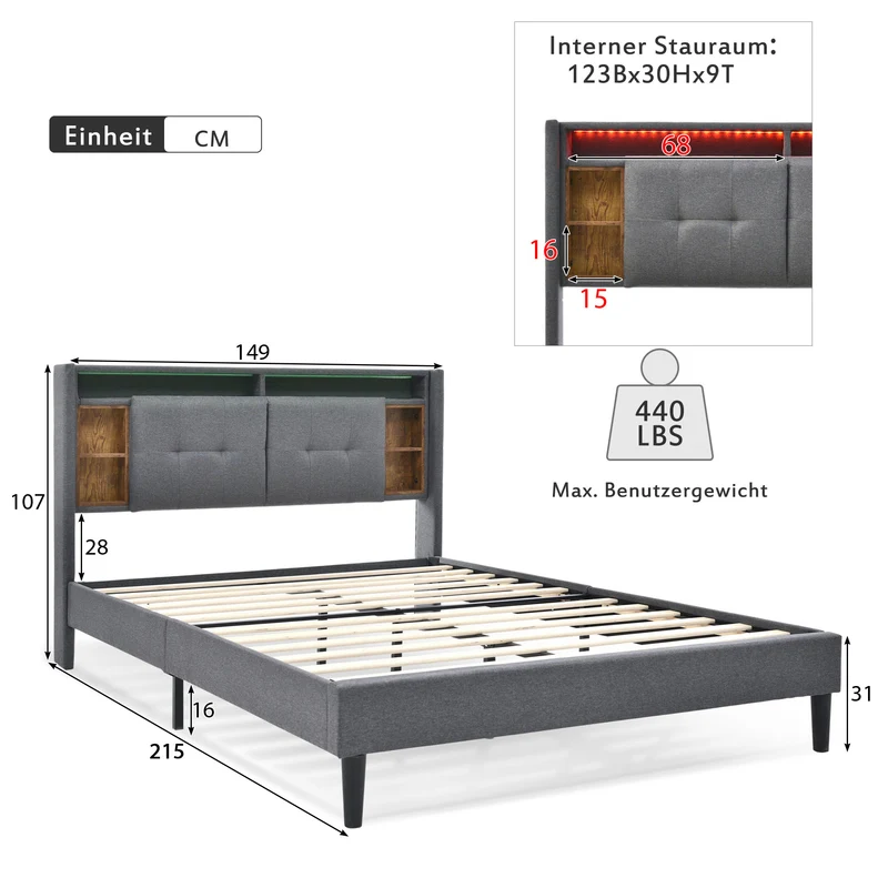 Lit double 140x200 cm gris avec tête de lit rangement, USB, LED, sommier bois massif – Style moderne MINIMALIST BOOKCASE AR