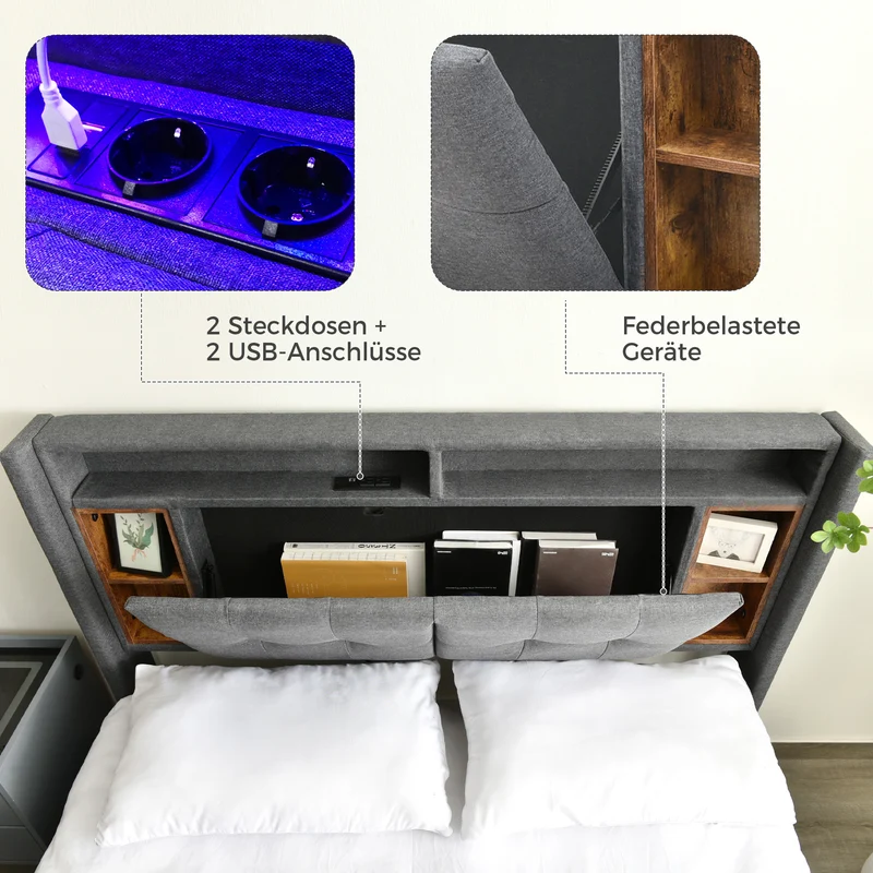 Lit double 140x200 cm gris avec tête de lit rangement, USB, LED, sommier bois massif – Style moderne MINIMALIST BOOKCASE AR