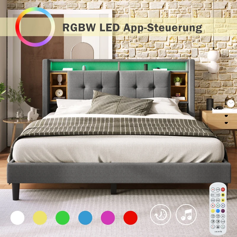 Lit double 140x200 cm gris avec tête de lit rangement, USB, LED, sommier bois massif – Style moderne MINIMALIST BOOKCASE AR