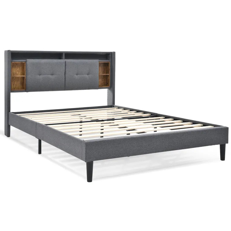 Lit double 140x200 cm gris avec tête de lit rangement, USB, LED, sommier bois massif – Style moderne MINIMALIST BOOKCASE AR