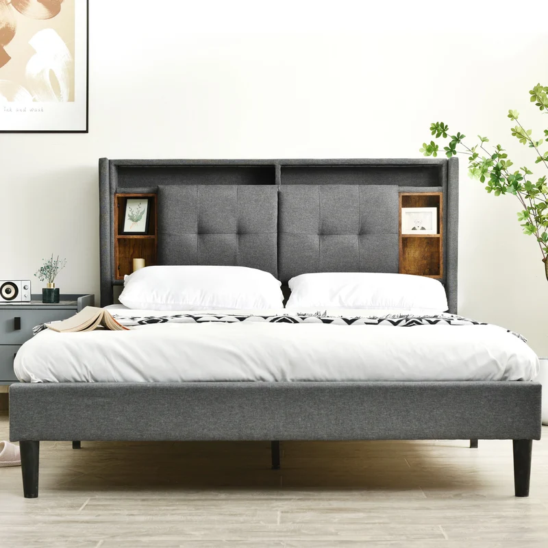 Lit double 140x200 cm gris avec tête de lit rangement, USB, LED, sommier bois massif – Style moderne MINIMALIST BOOKCASE AR