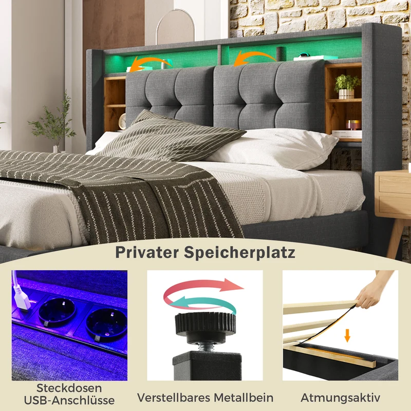 Lit double 140x200 cm gris avec tête de lit rangement, USB, LED, sommier bois massif – Style moderne MINIMALIST BOOKCASE AR