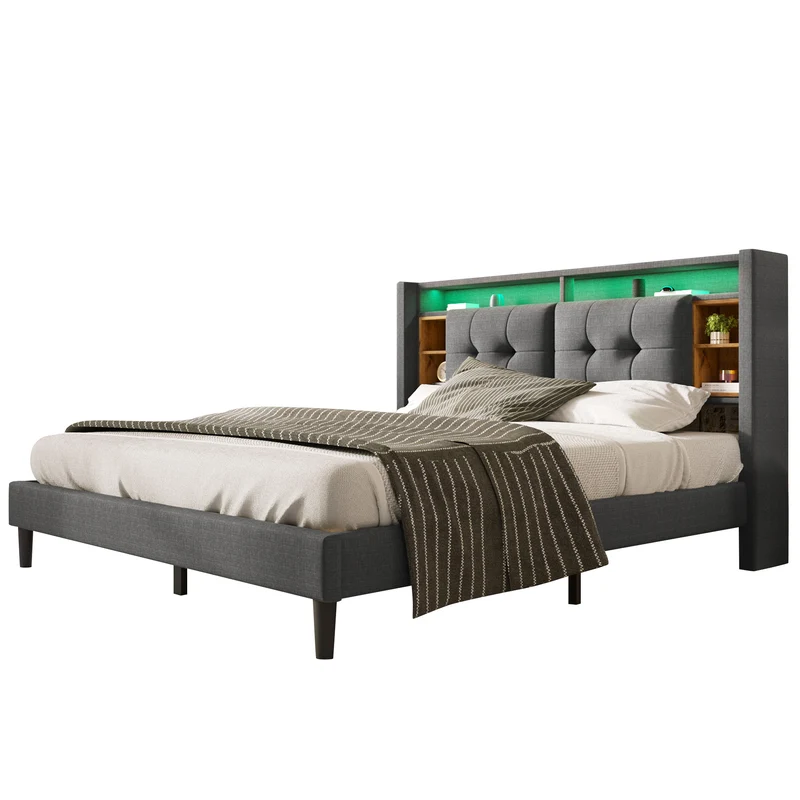 Lit double 140x200 cm gris avec tête de lit rangement, USB, LED, sommier bois massif – Style moderne MINIMALIST BOOKCASE AR