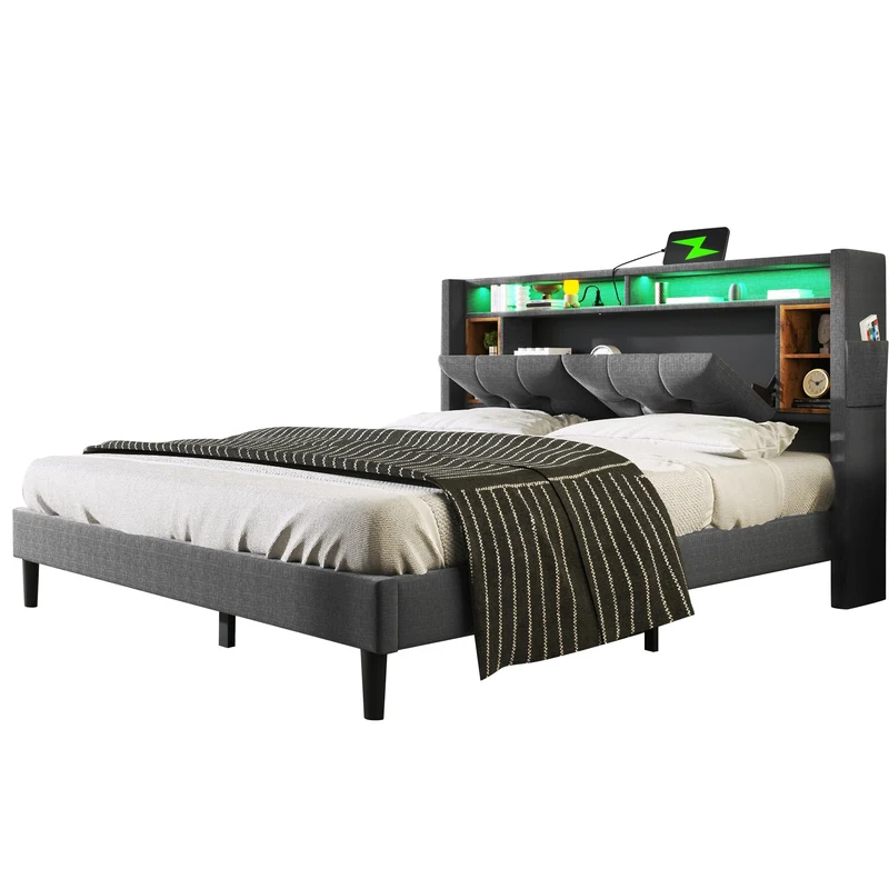 Lit double 140x200 cm gris avec tête de lit rangement, USB, LED, sommier bois massif – Style moderne MINIMALIST BOOKCASE AR