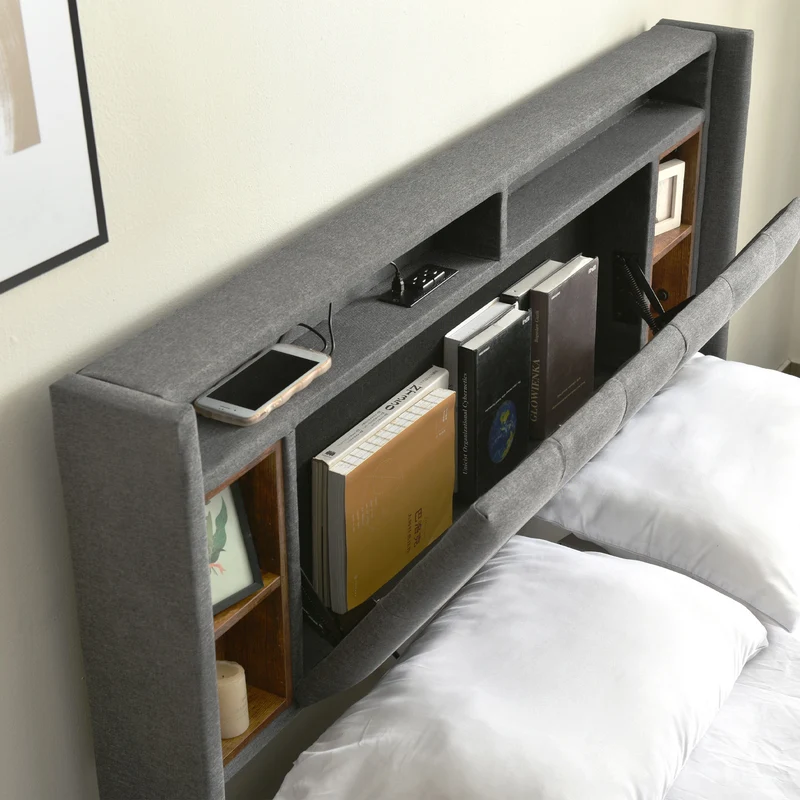 Lit double 140x200 cm gris avec tête de lit rangement, USB, LED, sommier bois massif – Style moderne MINIMALIST BOOKCASE AR