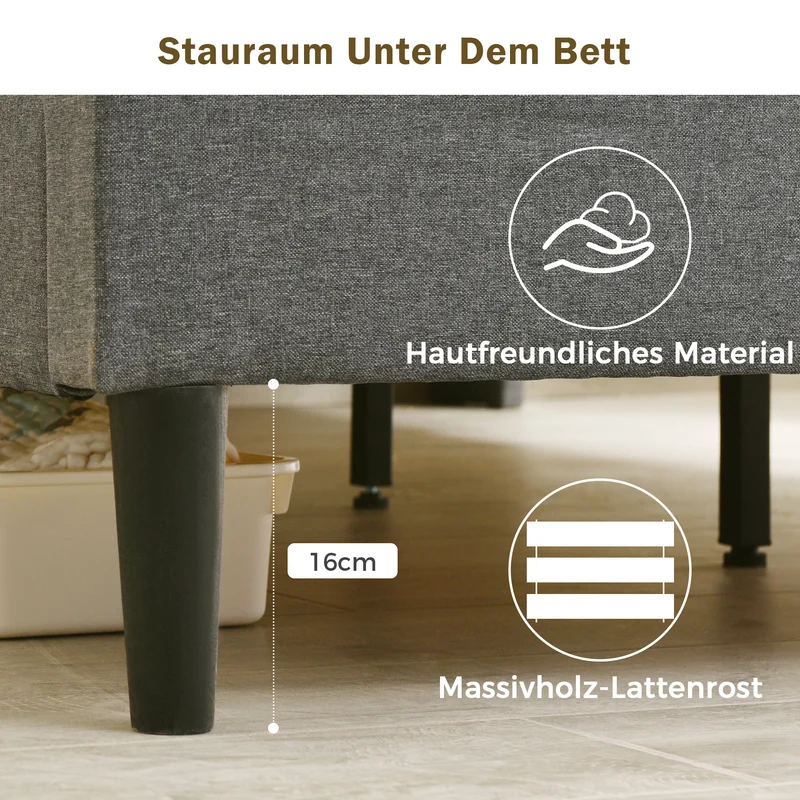 Lit double 140x200 cm gris avec tête de lit rangement, USB, LED, sommier bois massif – Style moderne MINIMALIST BOOKCASE AR