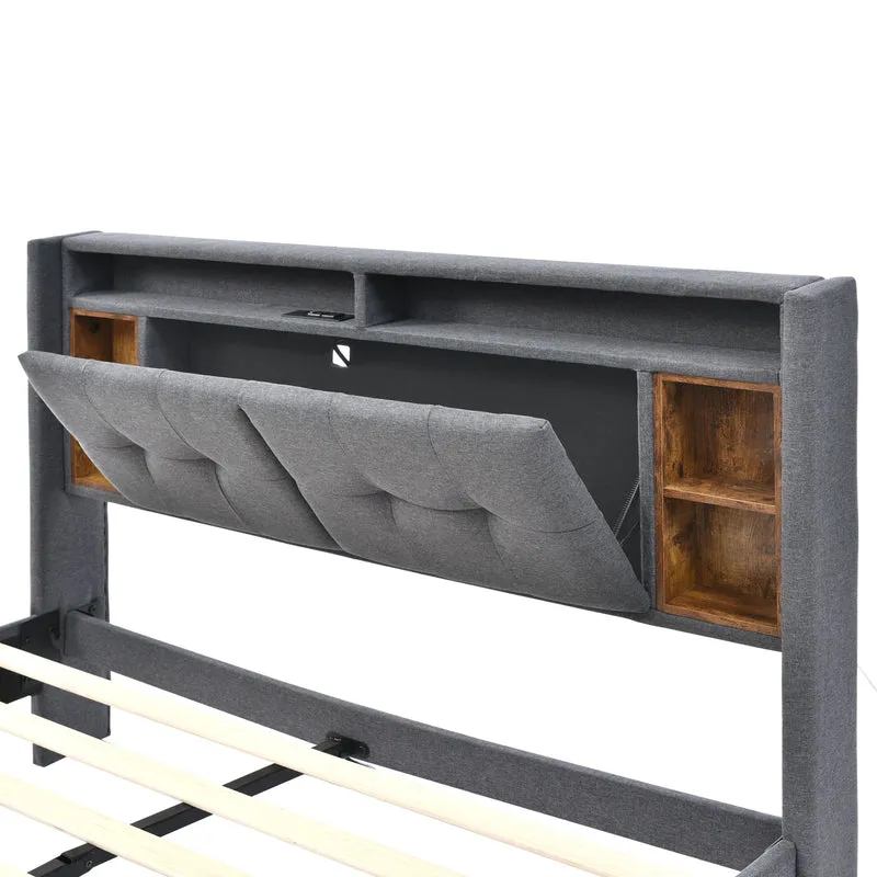Lit double 140x200 cm gris avec tête de lit rangement, USB, LED, sommier bois massif – Style moderne MINIMALIST BOOKCASE AR