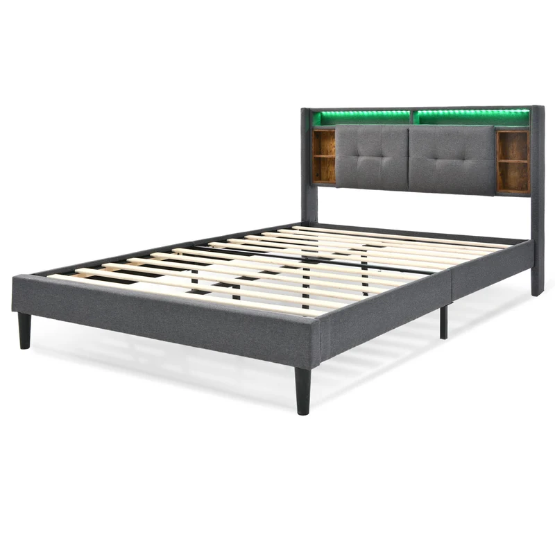 Lit double 140x200 cm gris avec tête de lit rangement, USB, LED, sommier bois massif – Style moderne MINIMALIST BOOKCASE AR