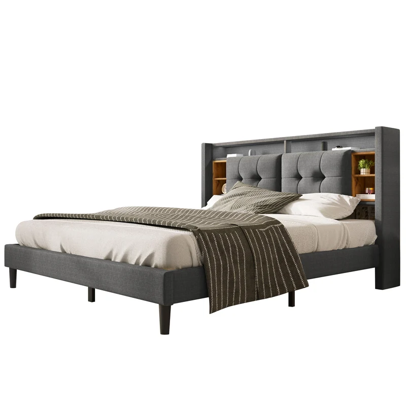 Lit double 140x200 cm gris avec tête de lit rangement, USB, LED, sommier bois massif – Style moderne MINIMALIST BOOKCASE AR