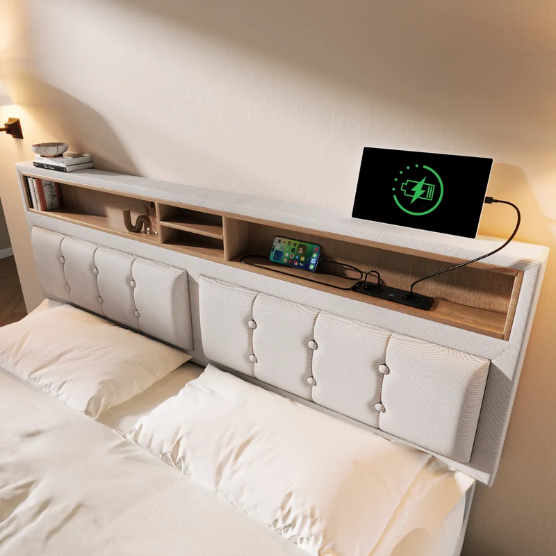 Lit double 140x200cm avec 4 tiroirs, tête de lit réglable, ports USB-C, tissu beige, sommier bois