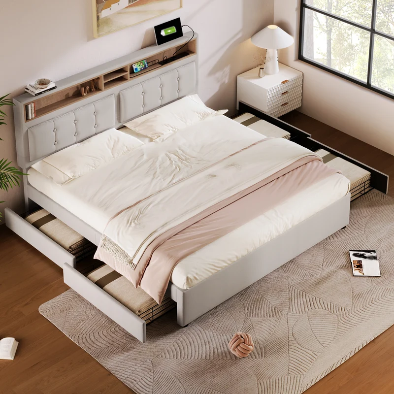 Lit double 140x200cm avec 4 tiroirs, tête de lit réglable, ports USB-C, tissu beige, sommier bois