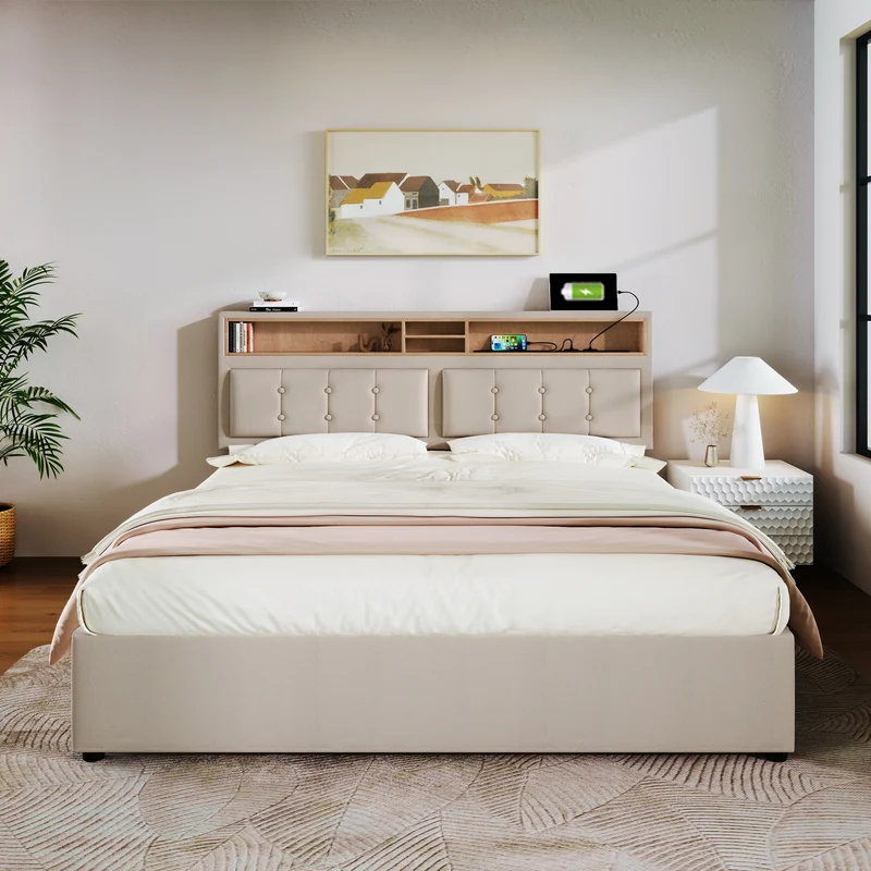 Lit double 140x200cm avec 4 tiroirs, tête de lit réglable, ports USB-C, tissu beige, sommier bois