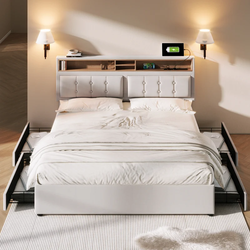 Lit double 140x200cm avec 4 tiroirs, tête de lit réglable, ports USB-C, tissu beige, sommier bois