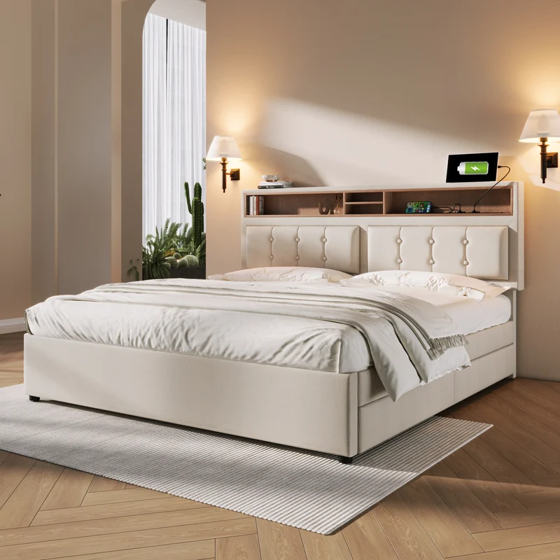 Lit double 140x200cm avec 4 tiroirs, tête de lit réglable, ports USB-C, tissu beige, sommier bois