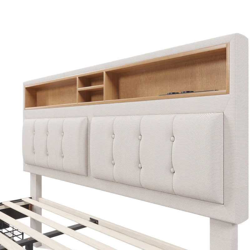 Lit double 140x200cm avec 4 tiroirs, tête de lit réglable, ports USB-C, tissu beige, sommier bois