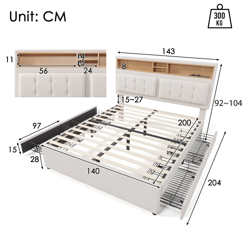 Lit double 140x200cm avec 4 tiroirs, tête de lit réglable, ports USB-C, tissu beige, sommier bois