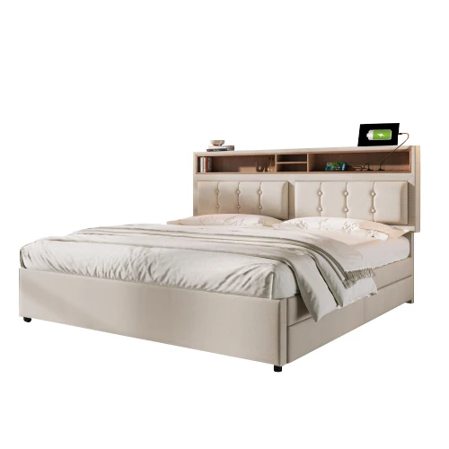 Lit double 140x200cm avec 4 tiroirs, tête de lit réglable, ports USB-C, tissu beige, sommier bois