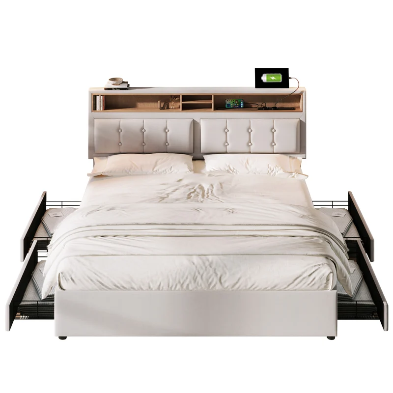Lit double 140x200cm avec 4 tiroirs, tête de lit réglable, ports USB-C, tissu beige, sommier bois