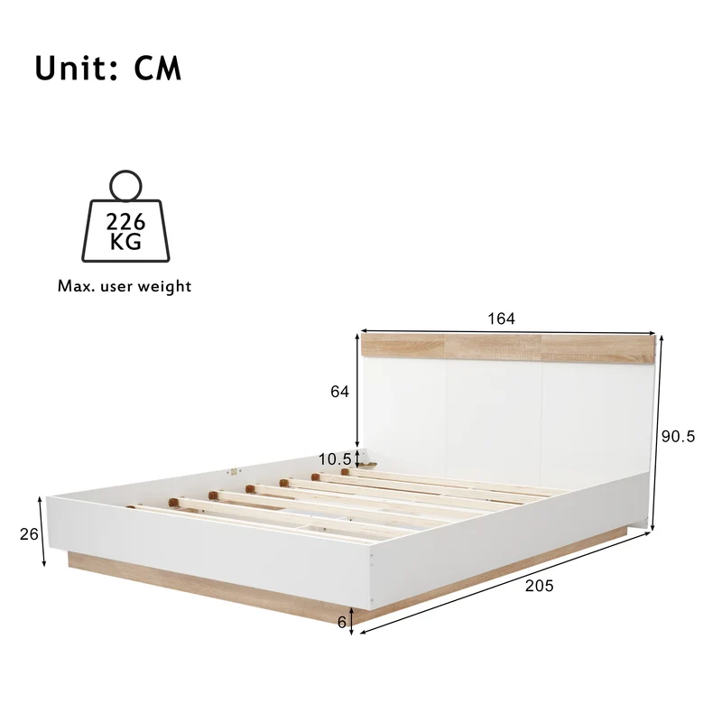 Lit double 160x200 cm bois chêne Sonoma/Blanc avec tête de lit flottante, cadre & sommier inclus, style moderne