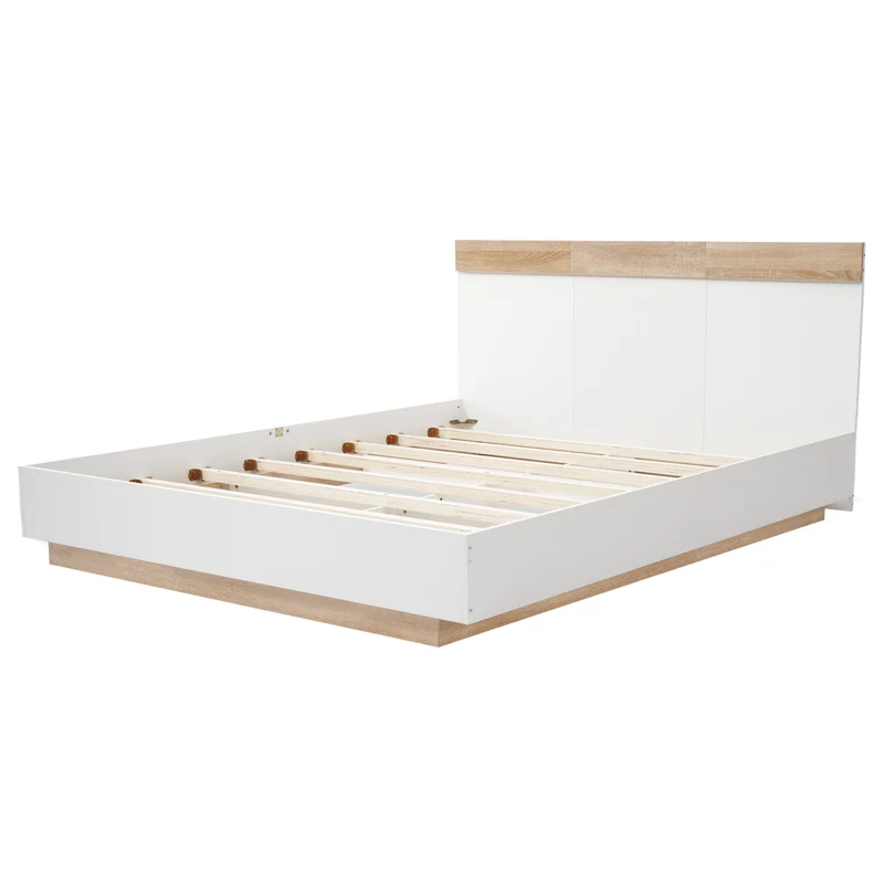 Lit double 160x200 cm bois chêne Sonoma/Blanc avec tête de lit flottante, cadre & sommier inclus, style moderne