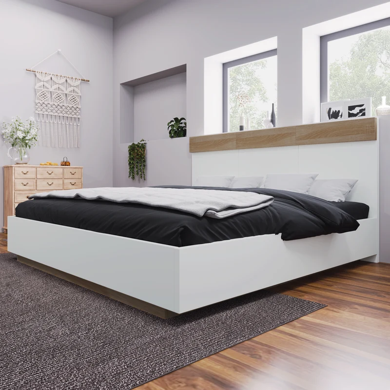 Lit double 160x200 cm bois chêne Sonoma/Blanc avec tête de lit flottante, cadre & sommier inclus, style moderne