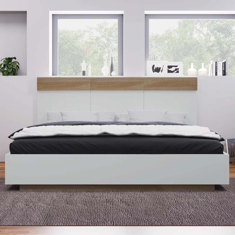 Lit double 160x200 cm bois chêne Sonoma/Blanc avec tête de lit flottante, cadre & sommier inclus, style moderne