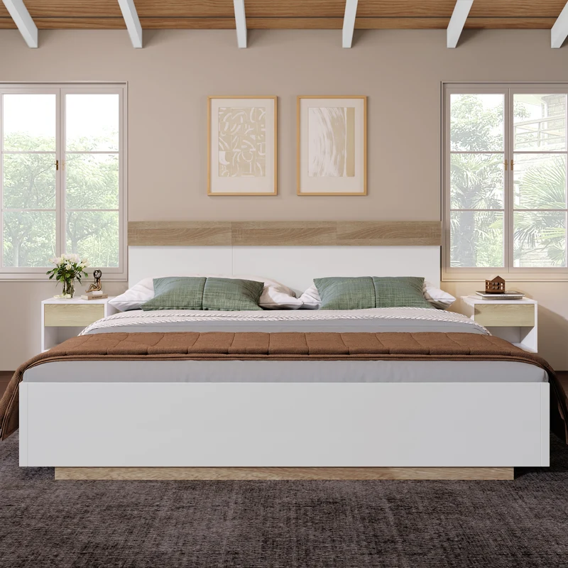 Lit double 160x200 cm bois chêne Sonoma/Blanc avec tête de lit flottante, cadre & sommier inclus, style moderne