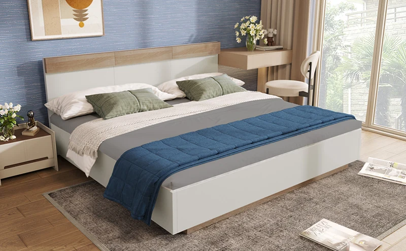 Lit double 160x200 cm bois chêne Sonoma/Blanc avec tête de lit flottante, cadre & sommier inclus, style moderne