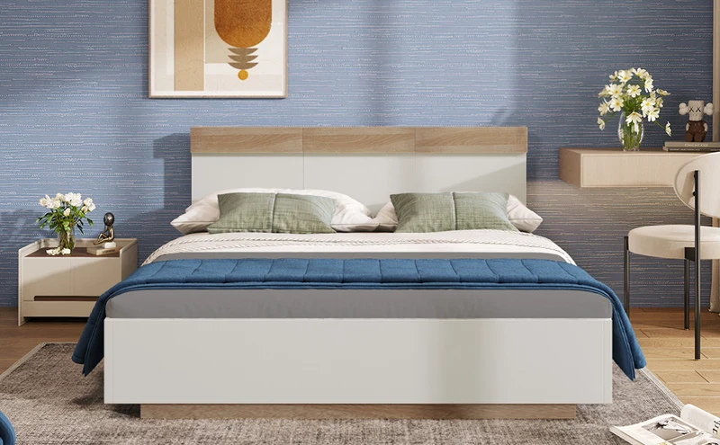 Lit double 160x200 cm bois chêne Sonoma/Blanc avec tête de lit flottante, cadre & sommier inclus, style moderne