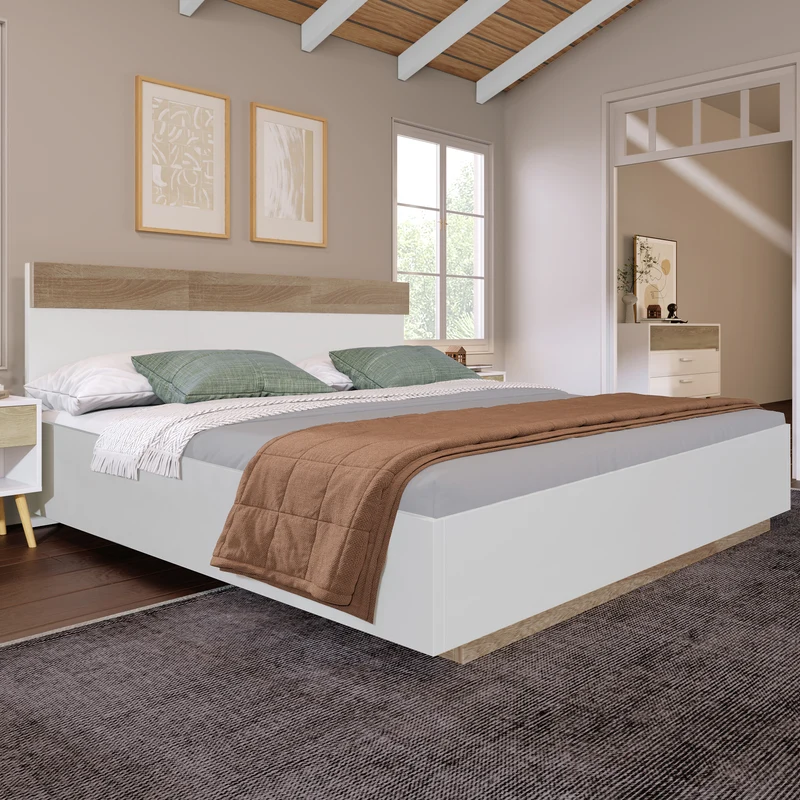 Lit double 160x200 cm bois chêne Sonoma/Blanc avec tête de lit flottante, cadre & sommier inclus, style moderne