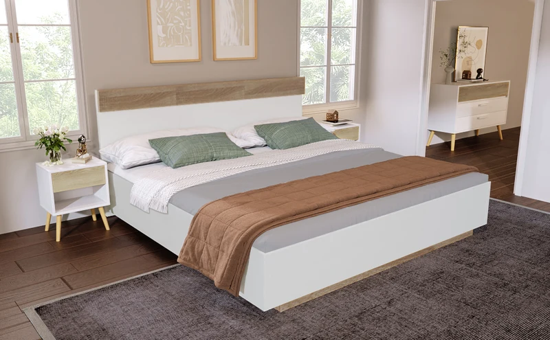 Lit double 160x200 cm bois chêne Sonoma/Blanc avec tête de lit flottante, cadre & sommier inclus, style moderne