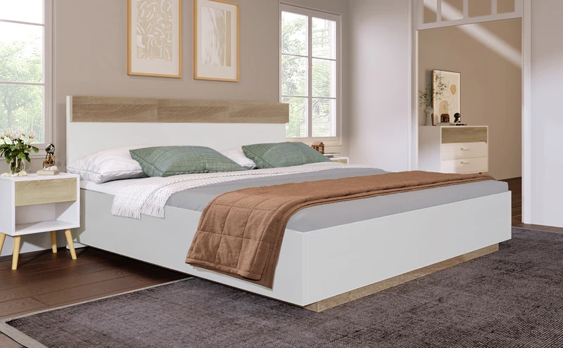 Lit double 160x200 cm bois chêne Sonoma/Blanc avec tête de lit flottante, cadre & sommier inclus, style moderne