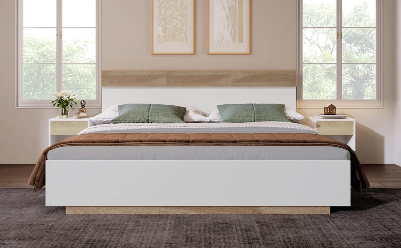 Lit double 160x200 cm bois chêne Sonoma/Blanc avec tête de lit flottante, cadre & sommier inclus, style moderne