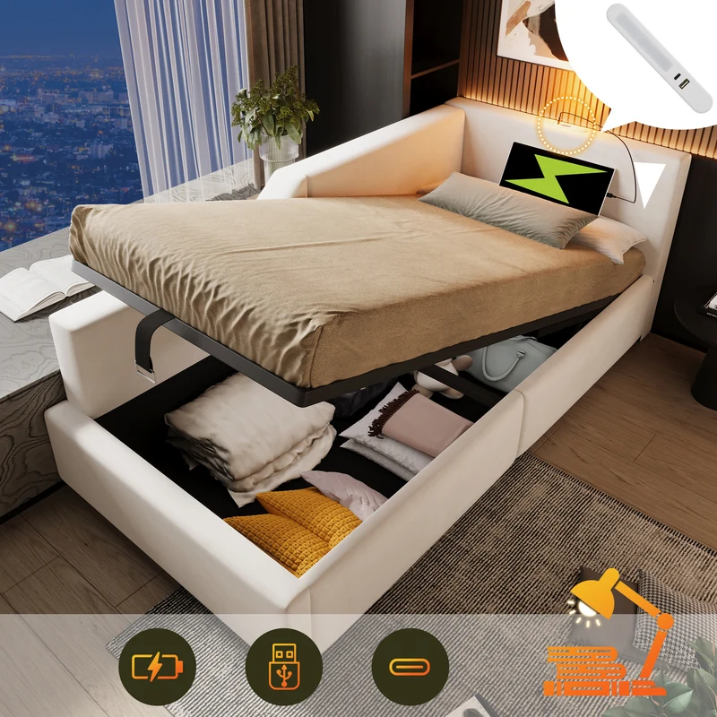 Lit banquette 90x200cm en velours beige avec rangement hydraulique, liseuse et USB-C