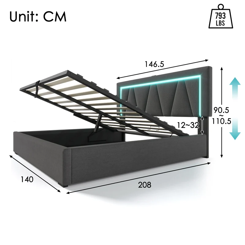 Lit double 140x200 cm en lin gris avec LED, rangement, tête de lit réglable, ports USB & Type C – Sommier inclus, sans matelas