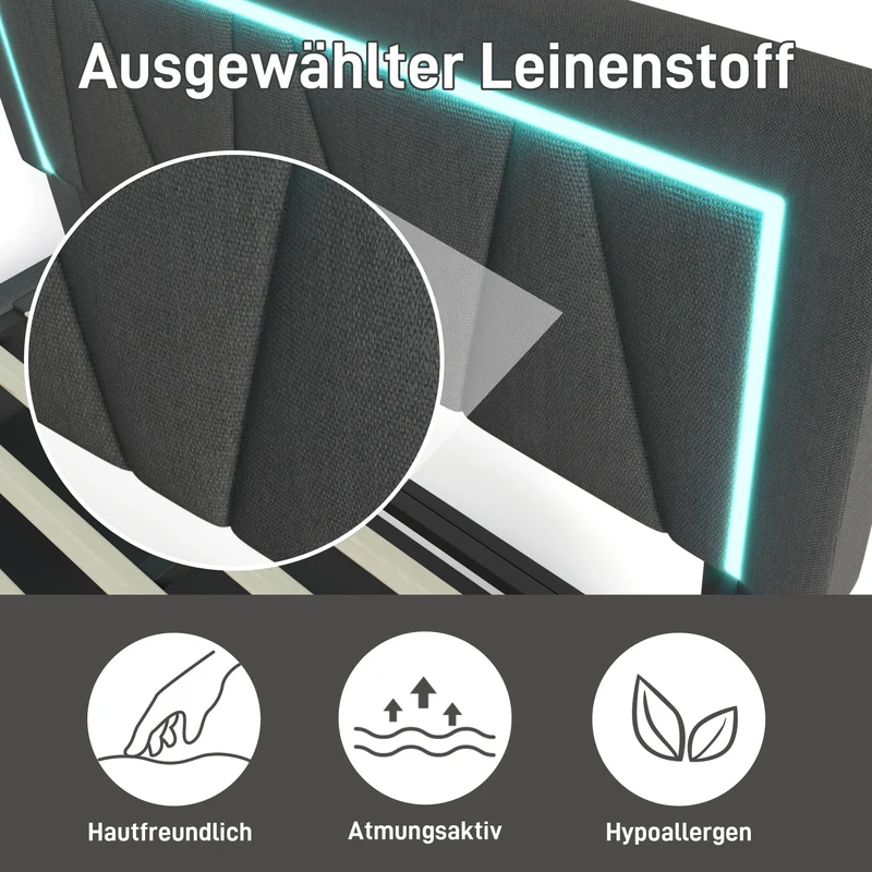 Lit double 140x200 cm en lin gris avec LED, rangement, tête de lit réglable, ports USB & Type C – Sommier inclus, sans matelas