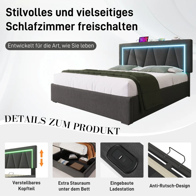 Lit double 140x200 cm en lin gris avec LED, rangement, tête de lit réglable, ports USB & Type C – Sommier inclus, sans matelas