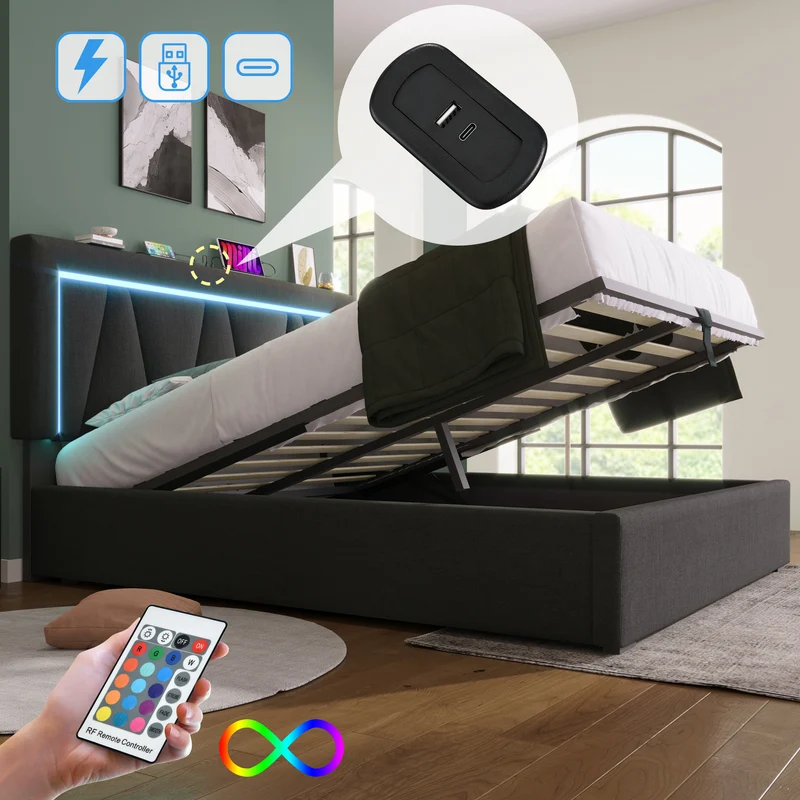 Lit double 140x200 cm en lin gris avec LED, rangement, tête de lit réglable, ports USB & Type C – Sommier inclus, sans matelas